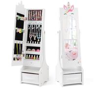 COSTWAY Armadietto Portagioie per Bambini 31,5 x 30 x 115cm, Specchio a Figura Intera a Forma di Unicorno con Ganci, Ripiani e Cassetti, Specchiera da Toeletta per Cameretta (Bianco)