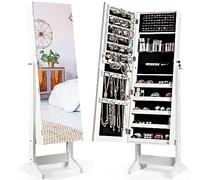 COSTWAY Armadietto Portagioie Specchiera per Gioielli, Armadio per Gioielli 2 in 1 con Grande Capacità, 4 Angoli Regolabili, 41 x 36,5 x 146 cm (Bianco)