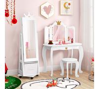 Costway Armadio gioielli per bambini con base girevole, Specchio da trucco per bambini con spazio di stoccaggio Bianco