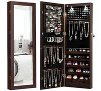 COSTWAY Armadio per Gioielli con 2 luci LED, con Specchio a Figura, Organizer Montato al Muro con Ganci Regolabili per Appendere, Armadio Portagioie per Truccarsi (Marrone)
