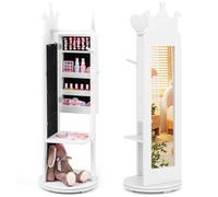 COSTWAY Armadio Portagioie per Bambini 36 x 36 x 112cm, Specchio da Terra a Forma di Corona con Ganci, Ripiani e Base Girevole, Toeletta per Cameretta (Bianco)