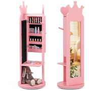 COSTWAY Armadio Portagioie per Bambini 36 x 36 x 112cm, Specchio da Terra a Forma di Corona con Ganci, Ripiani e Base Girevole, Toeletta per Cameretta (Rosa)