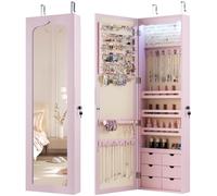COSTWAY Armadio portagioielli con 5 Luci LED, Porta che Si Chiude, Armadio Portagioielli Montato a Muro con Specchio e 6 Cassetti, Organizer Gioielli con Tanto Spazio per Ragazze (Rosa)