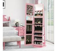 Costway Armadio portagioielli girevole con specchio a figura intera luci LED, Organizer da terra di gioielli Rosa