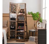 Costway Armadio portagioielli girevole con specchio a figura intera luci LED, Organizer da terra di gioielli Marrone Scuro