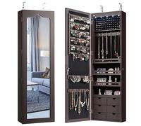 COSTWAY Armadio Specchio Portagioie da Parete e Porta, Specchiera Portagioielli con 5 Luci LED e 6 Cassettiera, con Serratura, Organizer Porta Gioie, Regali per Lei (Marrone)