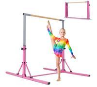 COSTWAY Barra per Ginnastica e Danza per Bambini e Bambine Pieghevole e Portatile, Sbarra Parallela in Metallo e Legno con 13 Altezze Regolabili, Ruote e Cuscinetti Antiscivolo, Portata 100 kg