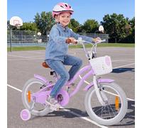 Costway Bicicletta per bambini con doppio sistema di freno manubrio e sella regolabili cestino e telaio in metallo, Bici con stabilizzatori Viola 16 Pollici