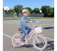 Costway Bicicletta per bambini con doppio sistema di freno manubrio e sella regolabili cestino e telaio in metallo, Bici con stabilizzatori Rosa 16 Pollici