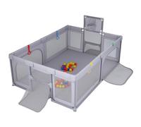 COSTWAY Box Neonati Pieghevole per 0-3 Anni (Grigio, 210 x 150 cm) | Recinto Gioco per Bambini con Canestro, 2 Reti da Calcio, 50 Palline, 4 Anelli da Lancio e Borsa Trasporto