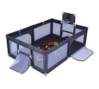 COSTWAY Box Neonati Pieghevole per 0-3 Anni (Grigio Scuro, 210 x 150 cm) | Recinto Gioco per Bambini con Canestro, 2 Reti da Calcio, 50 Palline, 4 Anelli da Lancio e Borsa Trasporto