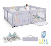 COSTWAY Box per Bambini con Materassino, Recinto per Bambini con 4 Anelli e 50 Palline Colorate, Rete Traspirante, Tasca e Borsa, Box Giochi per Bambino 0-3 Anni (Grigio Chiaro, 189 x 158 cm)