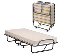COSTWAY Brandina Pieghevole con Materasso, in Memory Foam, Struttura Resistente e 4 Ruote Girevoli, Lettino Pieghevole per Casa Ufficio, 190x80x33 cm (Beige)