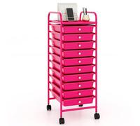 COSTWAY Carrello con 10 Cassetti da Stoccaggio, Cassettiera di Metallo e Plastica, Contenitore Multiuso con Ruote a Freno, per Casa e Ufficio (Rosa)