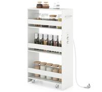 COSTWAY Carrello da Cucina a 4 Ripiani, Carrello Portaoggetti in Legno con Ruote Universali, Stretto e Slim 20cm, Salvaspazio con Manico per Bagno Lavanderia (con presa,Bianco+Bianco)
