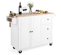 COSTWAY Carrello da Cucina in Legno, Carrello Isola Cucina con Ripiano Ribaltabile, Ruote, 3 Cassetti e Armadietto, Porta Spezie e Asciugamani, 129,5x76x93 cm