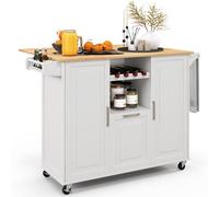 COSTWAY Carrello da Cucina, Isola Cucina con Piano Ribaltabile e 4 Ruote Girevoli, con Cassetto Profondo Portabottiglie Aperto e Porta Asciugamani, 130x74x90 cm (Bianco)
