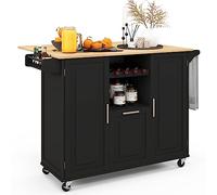 COSTWAY Carrello da Cucina, Isola Cucina con Piano Ribaltabile e 4 Ruote Girevoli, con Cassetto Profondo Portabottiglie Aperto e Porta Asciugamani, 130x74x90 cm (Nero)