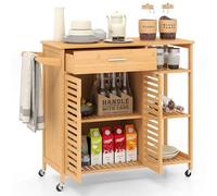 COSTWAY Carrello da Cucina, Mobile da Cucina in Bambù con Ruote Cassetto Ripiani Barra per Asciugamani e Armadio con 2 Porte, Organizzatore per Sala da Pranzo Soggiorno, 104x40x89 cm