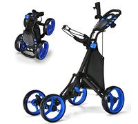 COSTWAY Carrello da Golf a Spinta e a Trazione, Carrello Golf Pieghevole Leggero a 4 Ruote con Borsa Impermeabile, Freno a Pedale, Porta Tazza e Porta Ombrello Regolabile (Blu)