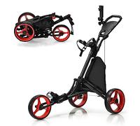 COSTWAY Carrello da Golf Pieghevole con 3 Ruote, Struttura in Alluminio, Cinghia Elastica, Portaombrello Regolabile e Porta Bicchiere, Segnapunti e Freno a Pedale (Rosso)