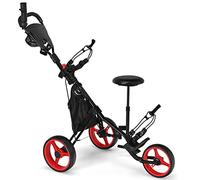 COSTWAY Carrello da Golf Pieghevole con 3 Ruote, Trolley da Golf Altezza Regolabile di Alluminio con Sedile, Porta Ombrello e Porta Bevande (Rosso)