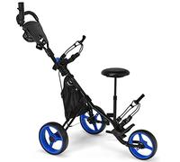 COSTWAY Carrello da Golf Pieghevole con 3 Ruote, Trolley da Golf Altezza Regolabile di Alluminio con Sedile, Porta Ombrello e Porta Bevande (Blu)