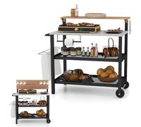 COSTWAY Carrello per Barbecue con 3 Ripiani e Tavola Ribaltabile, Carrello da Cucina con Ruote e 6 Ganci, Carrello Porta Griglia Multiuso in Ferro Zincato, per Interno ed Esterno, 116 x 55 x 130 cm
