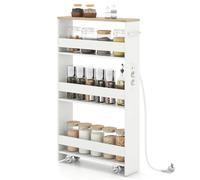COSTWAY Carrello Portaoggetti a 4 Ripiani, Carrello da Cucina con Maniglia Laterale e Ruote, Carrellino Scorrevole Salvaspazio Slim e Sottile (Naturale+Bianco, 13 cm, con presa)