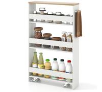 COSTWAY Carrello Portaoggetti a 4 Ripiani, Carrello da Cucina con Maniglia Laterale e Ruote, Carrellino Scorrevole Salvaspazio Slim e Sottile (Naturale+Bianco, 13 cm)