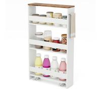 COSTWAY Carrello Portaoggetti a 4 Ripiani, Carrello da Cucina con Maniglia Laterale e Ruote, Carrellino Scorrevole Salvaspazio Slim e Sottile (Marrone+Bianco, 13 cm)