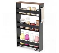COSTWAY Carrello Portaoggetti a 4 Ripiani, Carrello da Cucina con Maniglia Laterale e Ruote, Carrellino Scorrevole Salvaspazio Slim e Sottile (Marrone+Nero, 13 cm)