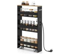 COSTWAY Carrello Portaoggetti a 4 Ripiani, Carrello da Cucina con Maniglia Laterale e Ruote, Carrellino Scorrevole Salvaspazio Slim e Sottile (Naturale+Nero, 13 cm, con presa)