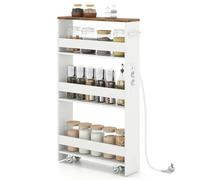 COSTWAY Carrello Portaoggetti a 4 Ripiani, Carrello da Cucina con Maniglia Laterale e Ruote, Carrellino Scorrevole Salvaspazio Slim e Sottile (Marrone+bianco A, 13 cm, con presa)