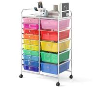 COSTWAY Carrello Portaoggetti con 15 Cassetti, Cassettiera con Ruote in Plastica con Struttura in Metallo, Ruote Universali Bloccabili e Maniglia, Carrello Organizer per Casa, Ufficio