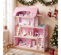 Costway Casa dei giocattoli per bambini fai da te con 33 pezzi di mobili accessori, Casa delle bambole in legno per ragazzi e ragazze Rosa