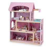 COSTWAY Casa delle Bambole in Legno, Casa Bambole con 4 Piani, 6 Stanze, Terrazza, Piscina e Scale, Casetta Giocattolo Educativo con 33 Mobili Accessori, per Bambini 3+ Anni, 63 x 25 x 78 cm (Rose)