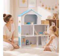 Costway Casa di bambole a 3 ripiani in legno gioco creativo diy per cameretta e asilo, Giocattolo di casetta con più stanze e accessori completi Blu