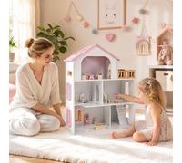 Costway Casa di bambole a 3 ripiani in legno gioco creativo diy per cameretta e asilo, Giocattolo di casetta con più stanze e accessori completi Rosa