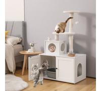 Costway Casa per lettiera per gatti in legno con torre pallina tintinnante divisorio, Mobile per gatti da interno Bianco