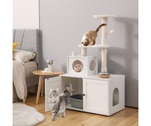 Costway Casa per lettiera per gatti in legno con torre pallina tintinnante divisorio, Mobile per gatti da interno Bianco