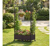 Costway Cassetta per piante con irrigazione automatica letto rialzato stabile su ruote bloccabili, Vaso da esterno con grigliato tetto in rattan impermeabile