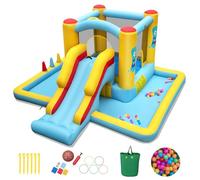 COSTWAY Castello Gonfiabile 7 in 1 per Bambini con Scivolo, Castello Gonfiabile con Mongolfiera, 50 Palline, Anelli e Basket, Gioco Gonfiabile da Interno ed Esterno, per Bambini da 3 a 10 Anni