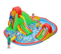 COSTWAY Castello Gonfiabile per Bambini 3-12 Anni, Grande Parco Acquatico di Giochi con Doppio Scivolo, Piscina, Parete da Arrampicata e Canestro da Basket, per Interno e Esterno