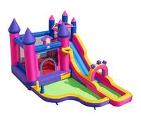COSTWAY Castello Gonfiabile Principesse per Bambini, Parco Acquatico con Scivolo Lungo, Trampolino, Parete d'Arrampicata e Canestro da Basket, per Bambini di 3-12 Anni