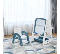Costway Cavalletto per dipingere 2 in 1 per bambini, Lavagna double face e libreria per bambini con sedia, Blu