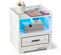 COSTWAY Comodino con LED 45 x 40 x 50 cm, Tavolino Moderno con 1 Porte USB e 1 Type-C, Mobile con Ripiano Aperto e Cassetto, Luci a Colori Variabili (1, Bianco)