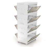COSTWAY Comodino in Plastica Multipiano con Coperchio 168 L, Scatole Impilabili con 4 Ruote e Freni, Contenitori di Stoccaggio Pieghevole, per Soggiorno, Camera da Letto e Bagno, Bianco (4 Ripiani)