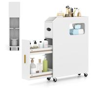 COSTWAY Credenza da Bagno Piccolo, Mobile Salvaspazio Stretto e Slim con Cassetto Scorrevole, Porta Fazzoletti, Portascopino e Ruote Bloccabile, Armadietto per Spazi Ridotti (Bianco)