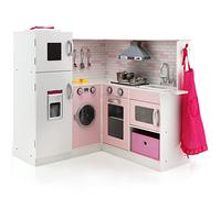COSTWAY Cucina Giocattolo in Legno Angolare con Luci e Suoni Interattivi, Accessori per Bambini Più di 3 Anni, Rosa